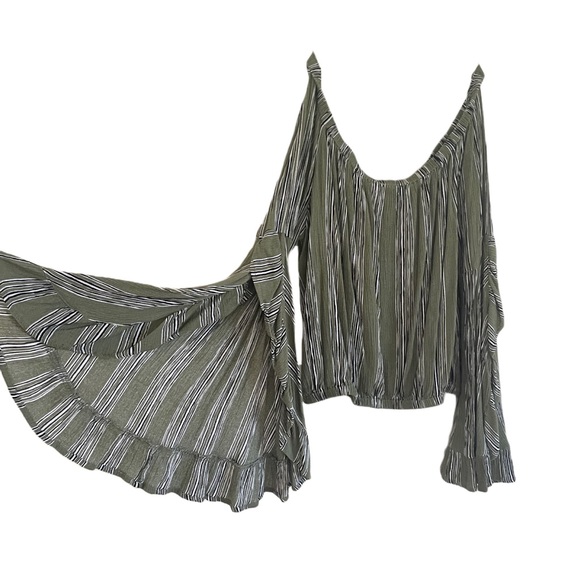 Altar'd State Tops - Altered State Green Black White Stripe Flowy Bell Sleeve Crop Off Shoulder Top